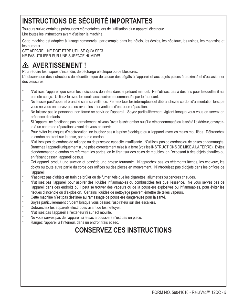 Instructions de sécurité importantes, Avertissement, Conservez ces instructions | Kent ReliaVa 12DC User Manual | Page 5 / 12