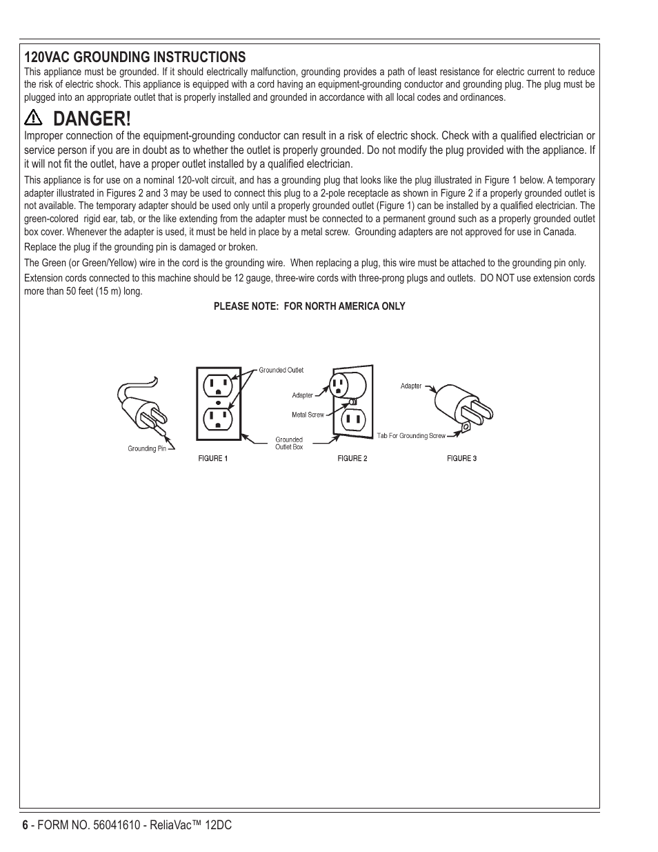 Danger, 120vac grounding instructions | Kent ReliaVa 12DC User Manual | Page 6 / 12