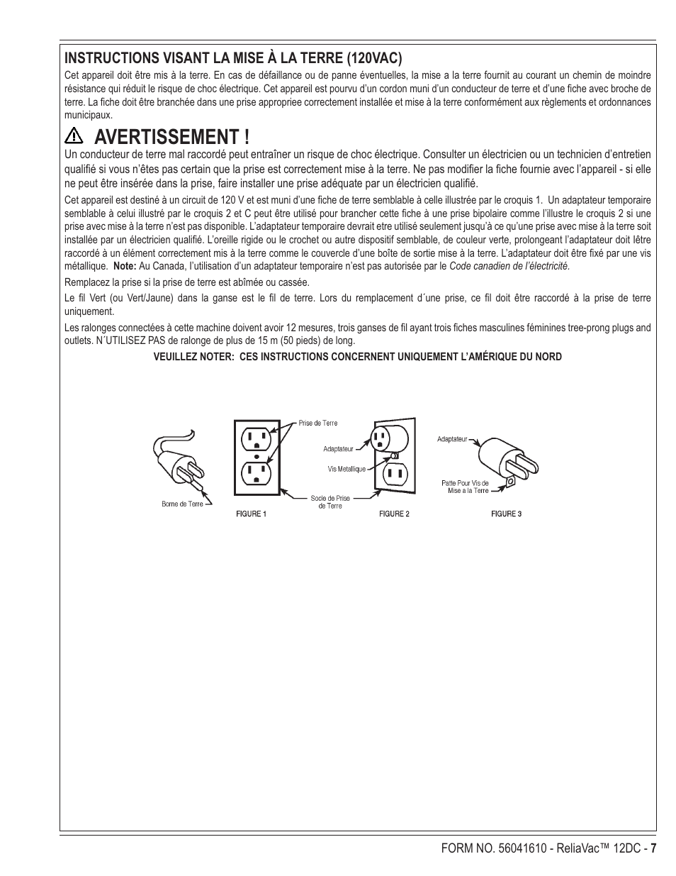 Avertissement, Instructions visant la mise à la terre (120vac) | Kent ReliaVa 12DC User Manual | Page 7 / 12