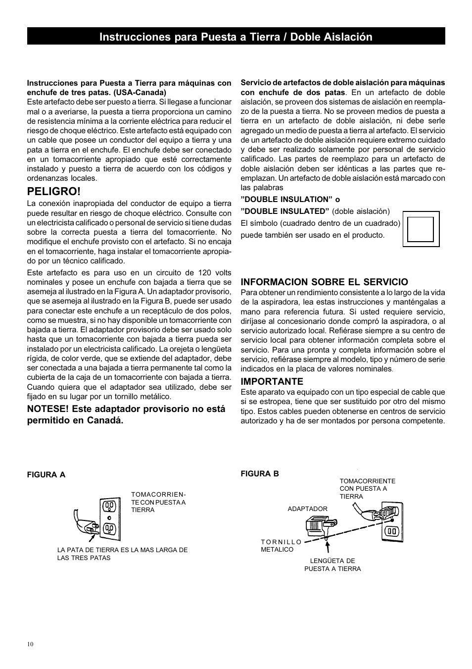 Peligro, Informacion sobre el servicio, Importante | Kent UZ 964 Hip Va User Manual | Page 10 / 16