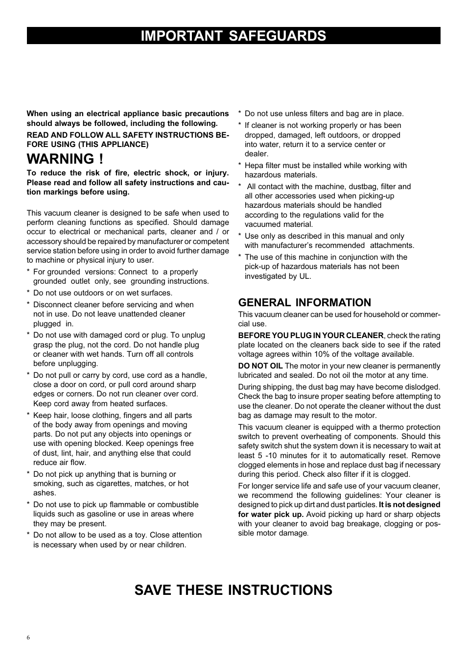 Important safeguards, Warning, Save these instructions | General information | Kent UZ 964 Hip Va User Manual | Page 6 / 16