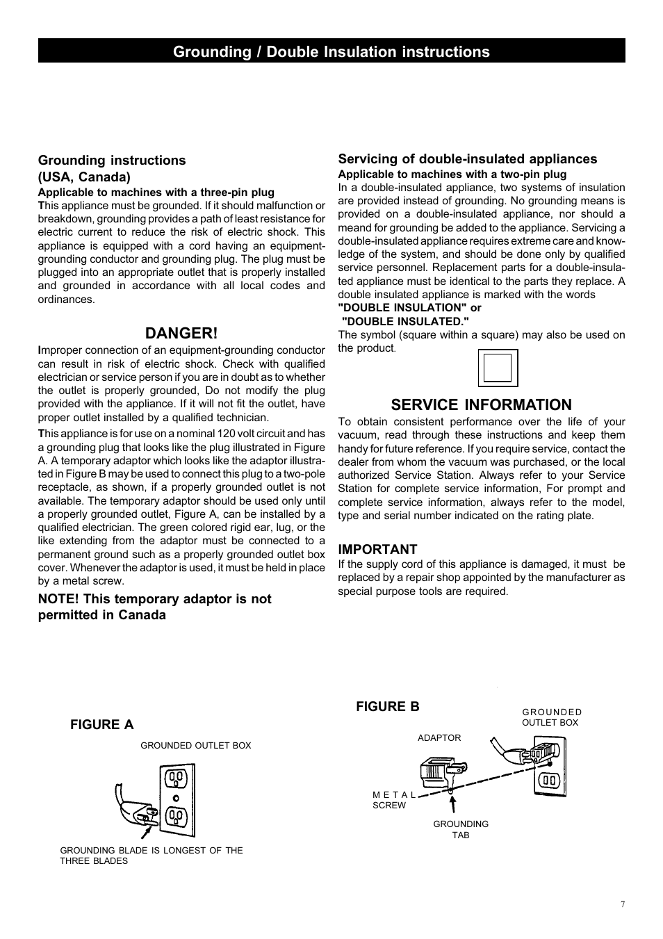 Danger, Service information, Grounding / double insulation instructions | Kent UZ 964 Hip Va User Manual | Page 7 / 16