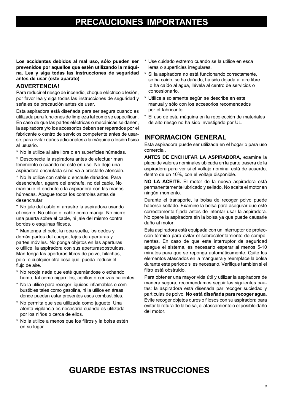 Precauciones importantes, Guarde estas instrucciones, Informacion general | Kent UZ 964 Hip Va User Manual | Page 9 / 16
