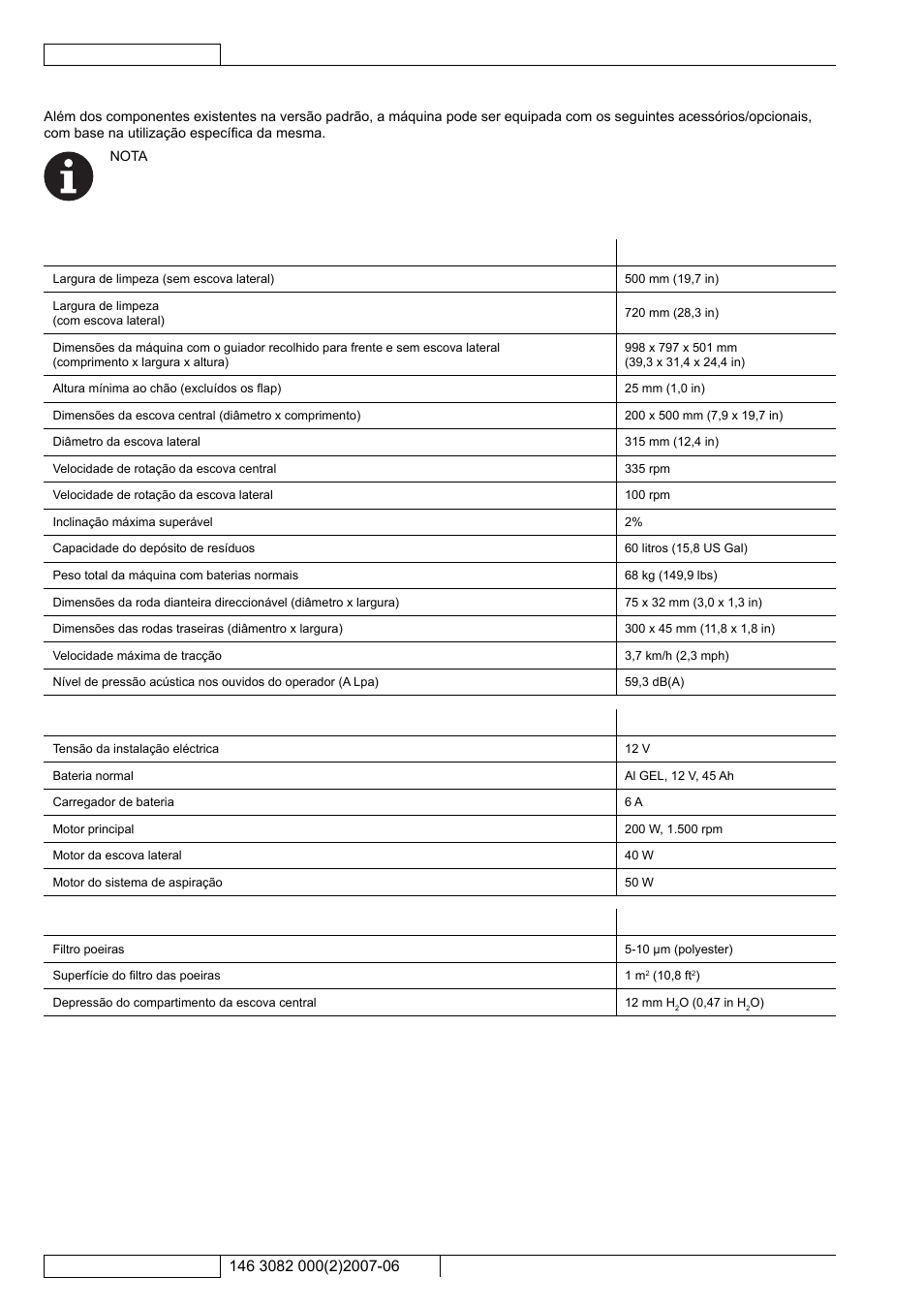 Acessórios / opcionais, Características técnicas | Kent Edg 28B User Manual | Page 65 / 77
