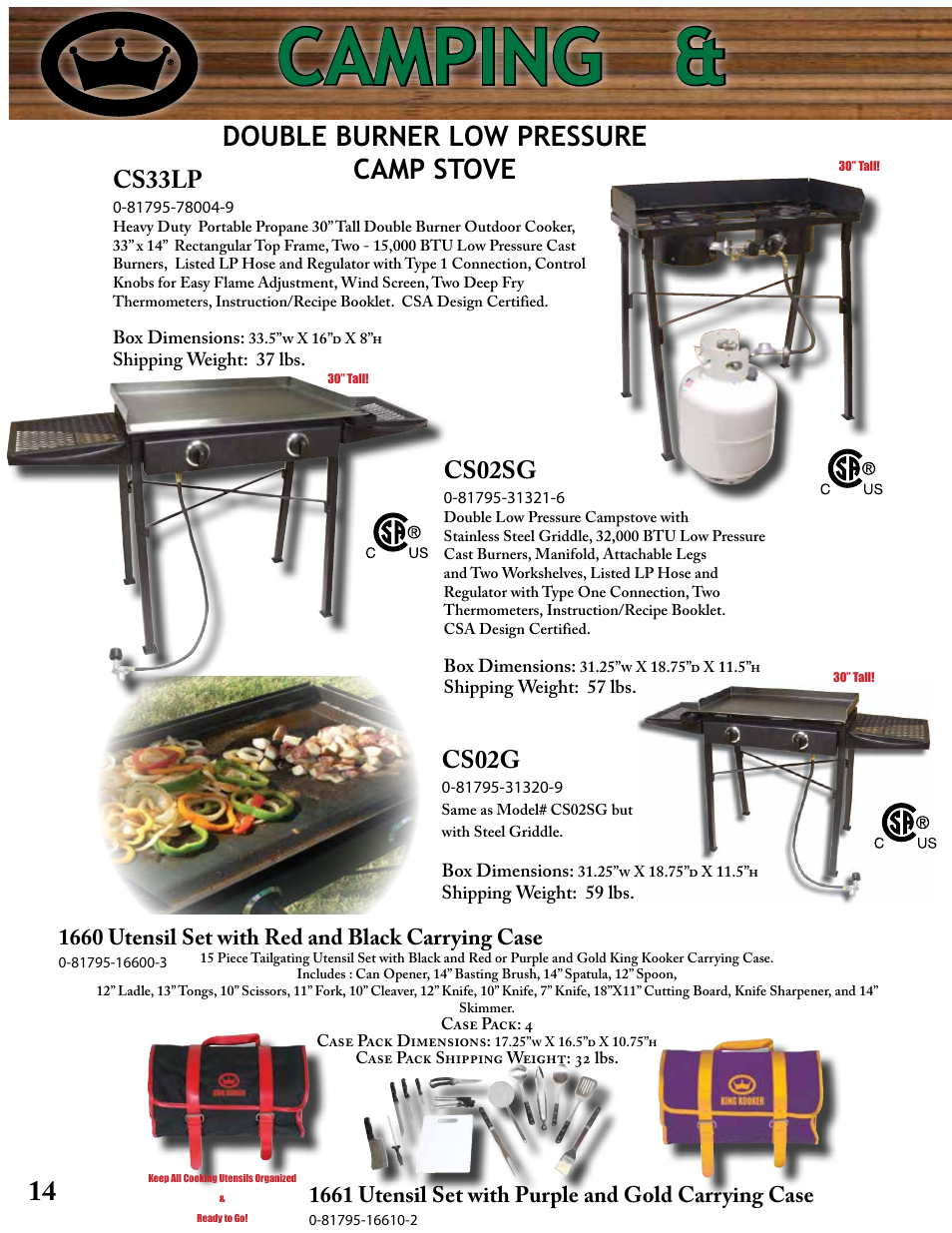 Camping & tailgating, Double burner low pressure camp stove, Cs33lp | Cs02sg, Cs02g | King Kooker Printable User Manual | Page 14 / 28