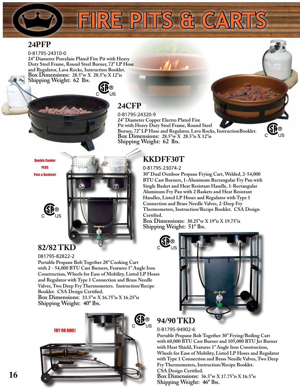 Fire pits & carts, Kkdff30t, 94/90 tkd | 82/82 tkd, 24pfp, 24cfp | King Kooker Printable User Manual | Page 16 / 28
