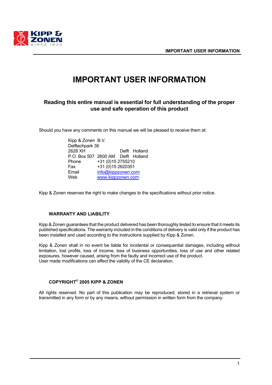 Important user information | Kipp&Zonen 2AP Sun Tracker User Manual | Page 2 / 110