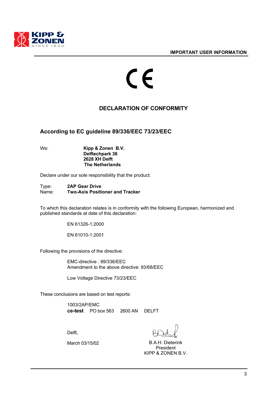 Declaration of conformity | Kipp&Zonen 2AP Sun Tracker User Manual | Page 4 / 110