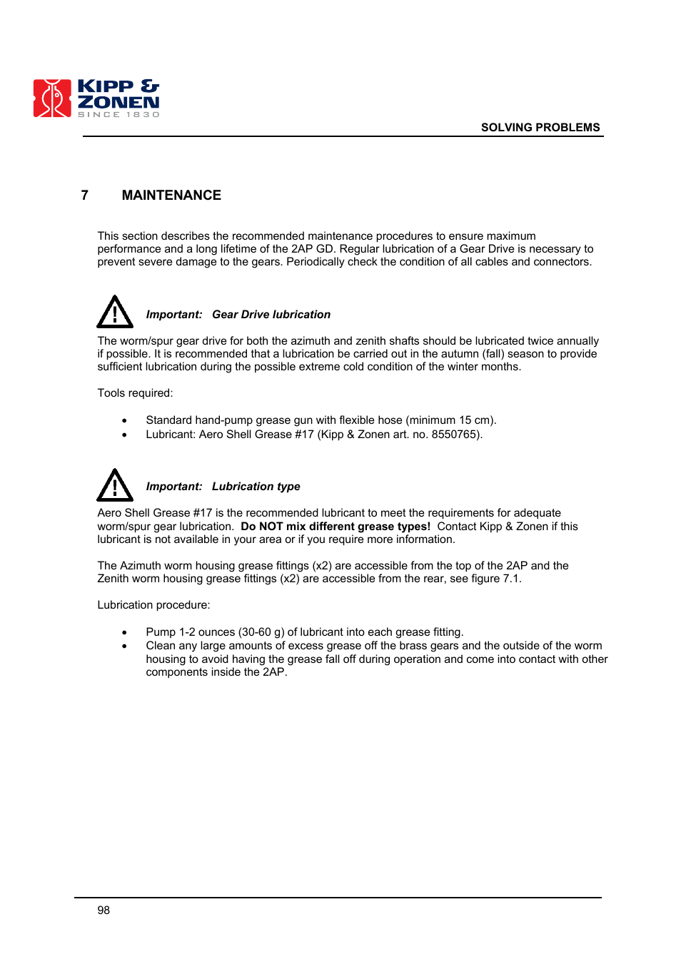 7 maintenance | Kipp&Zonen 2AP Sun Tracker User Manual | Page 99 / 110