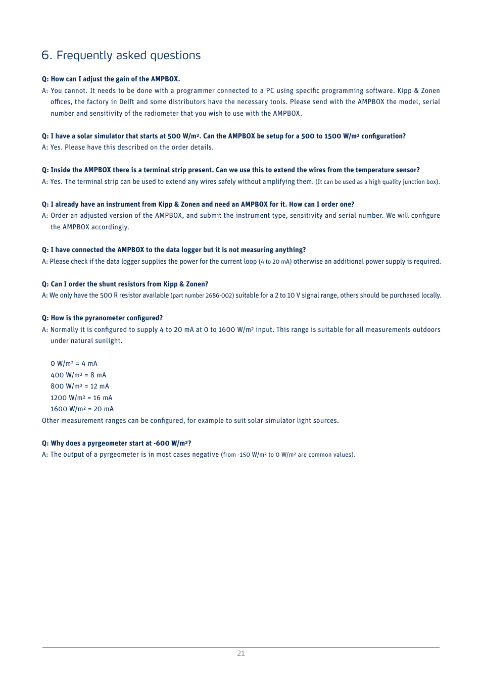 Frequently asked questions | Kipp&Zonen AMPBOX Amplifier User Manual | Page 21 / 26