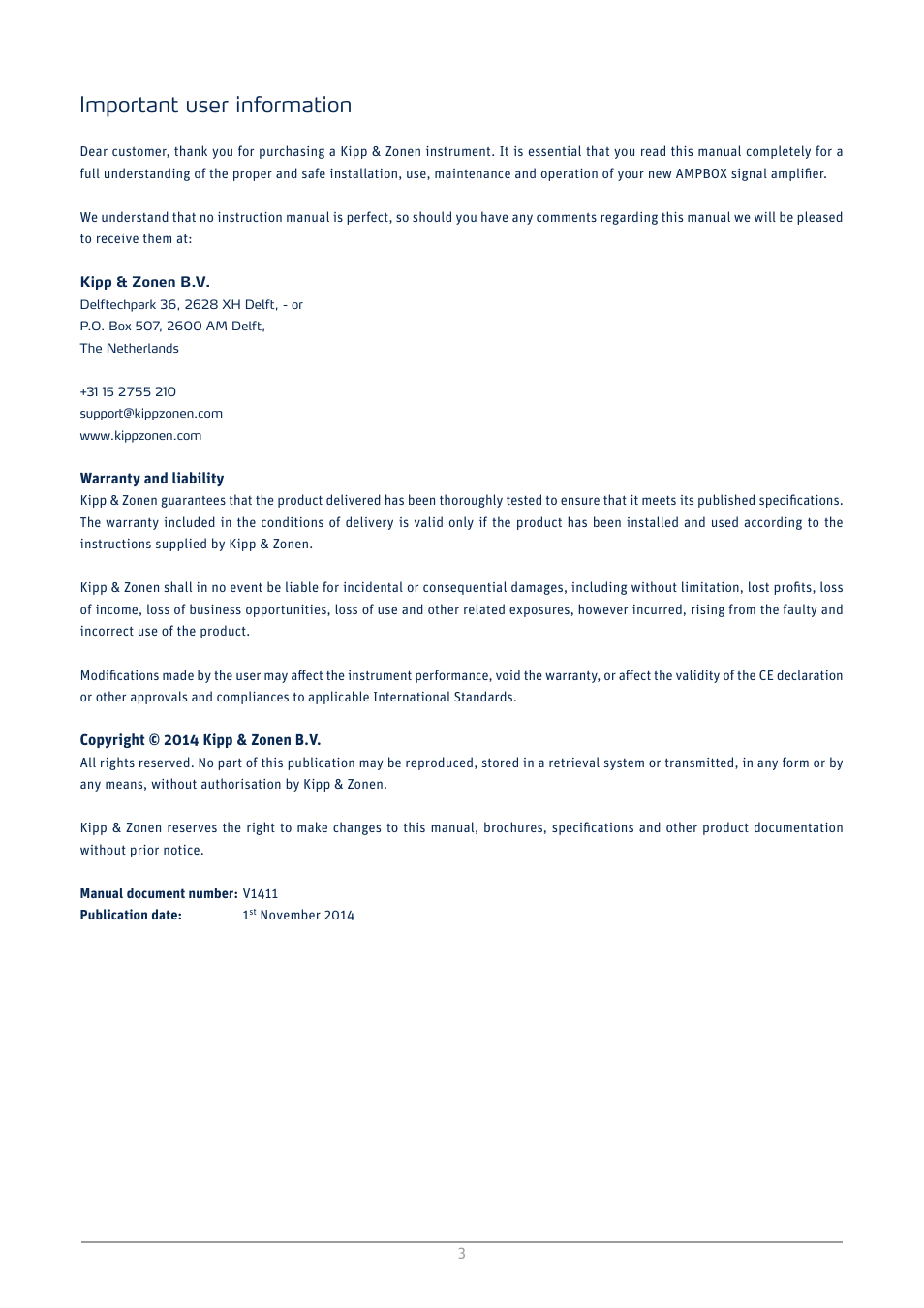 Important user information | Kipp&Zonen AMPBOX Amplifier User Manual | Page 3 / 26