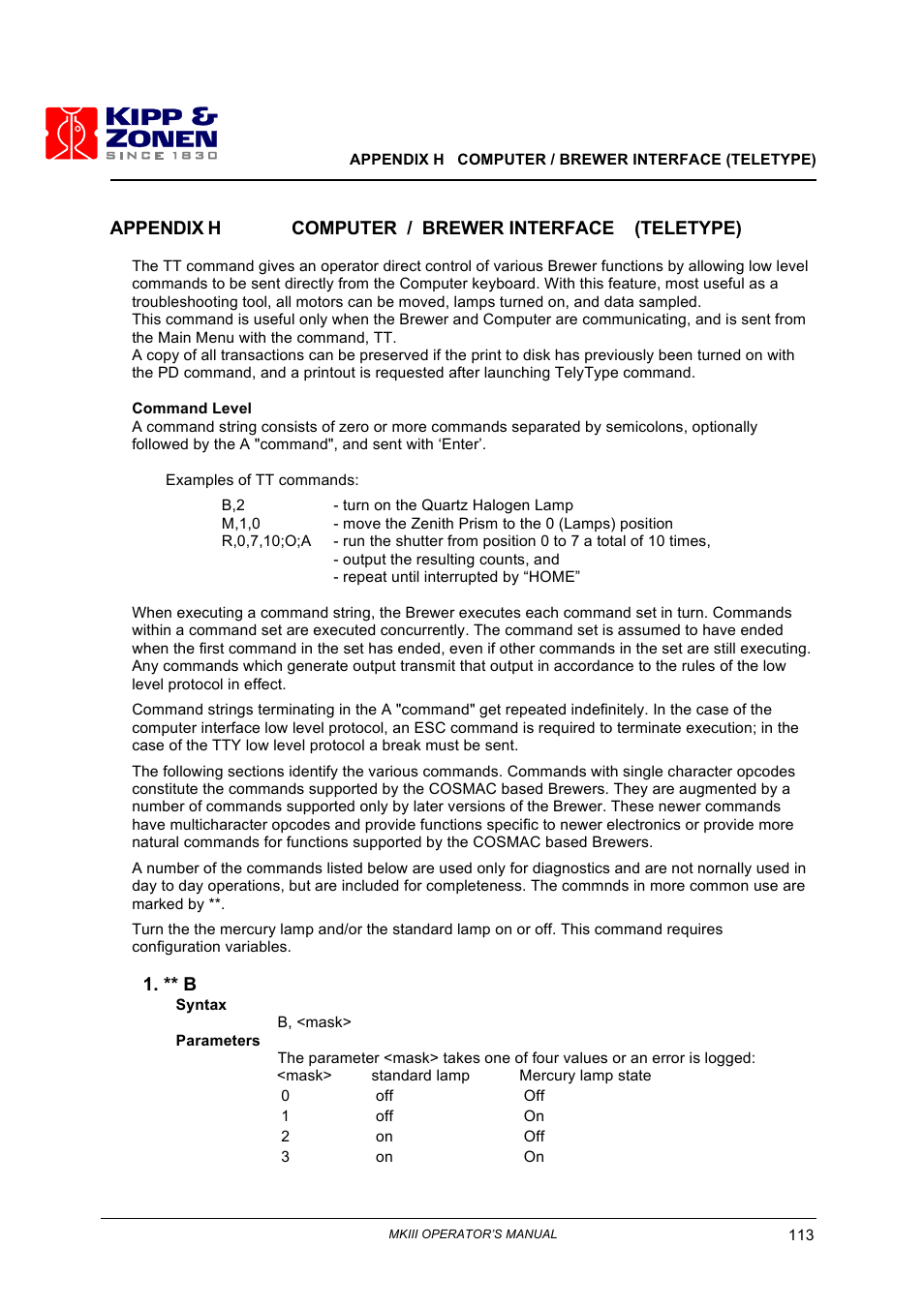 Appendix, Hcomputer / brewer interface (teletype), ** b | Kipp&Zonen Brewer MkIII User Manual | Page 116 / 136