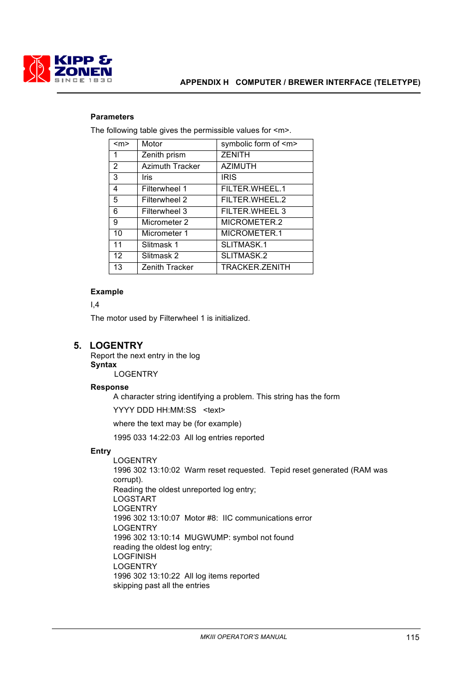 Logentry | Kipp&Zonen Brewer MkIII User Manual | Page 118 / 136