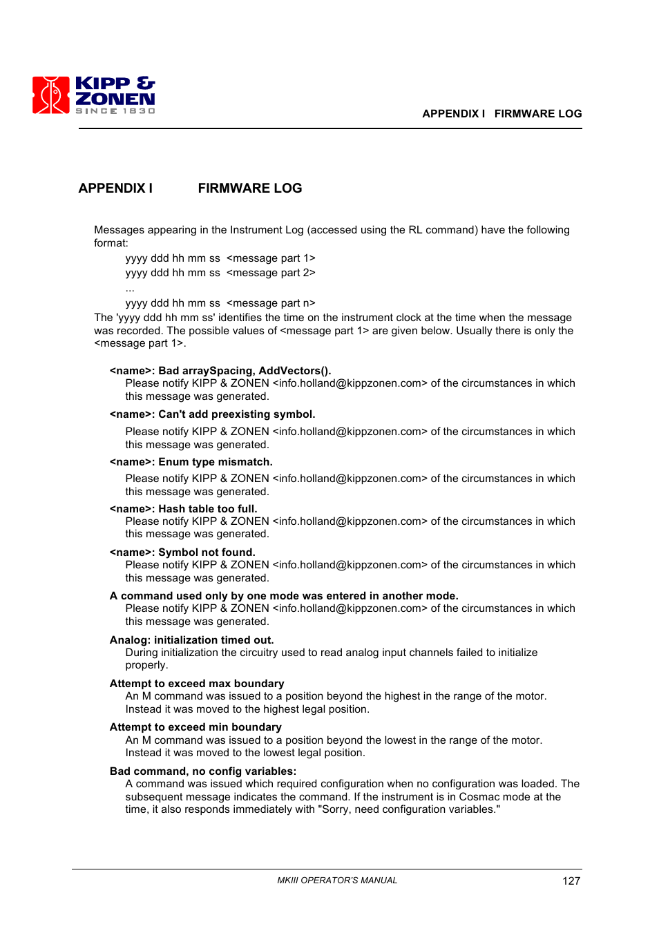 Appendix i firmware log | Kipp&Zonen Brewer MkIII User Manual | Page 130 / 136