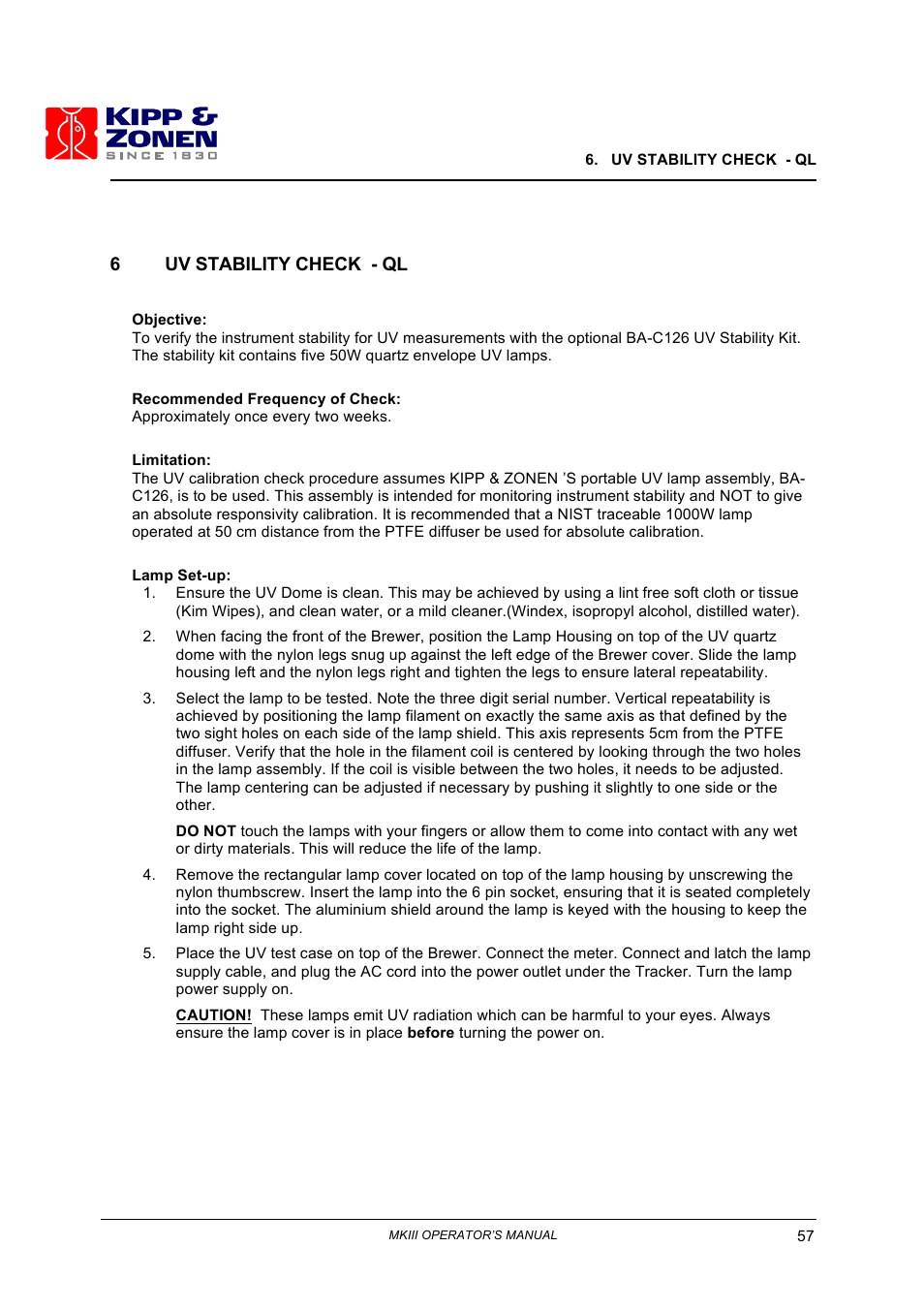 6uv stability check - ql | Kipp&Zonen Brewer MkIII User Manual | Page 60 / 136