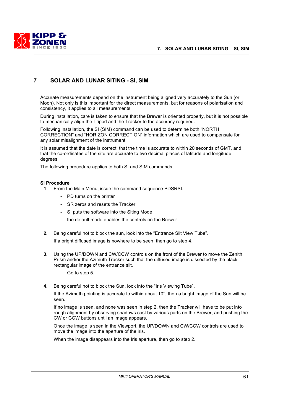 7solar and lunar siting - si, sim | Kipp&Zonen Brewer MkIII User Manual | Page 64 / 136