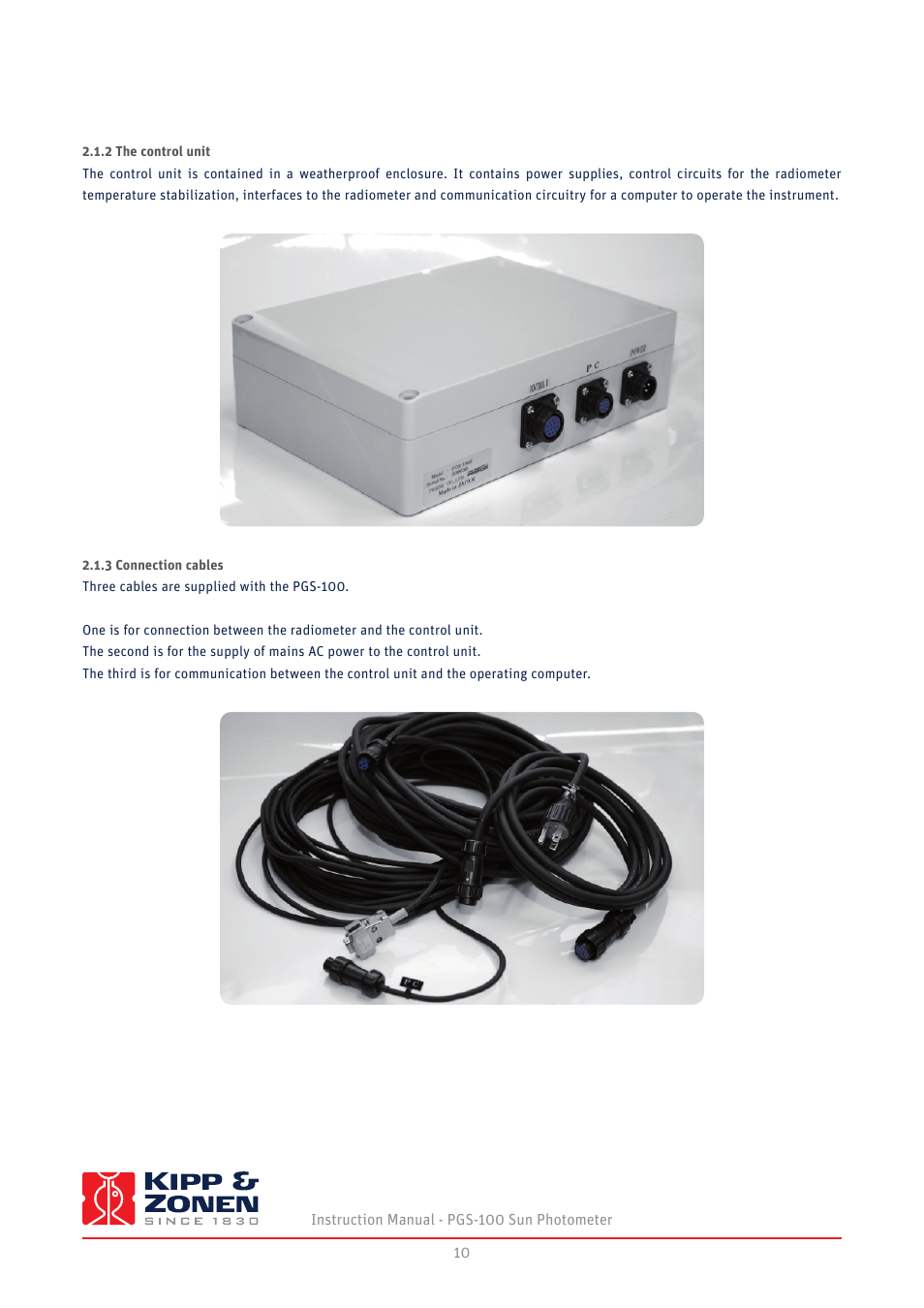 2 the control unit 2.1.3 connection cables | Kipp&Zonen PGS-100 Sun Photometer User Manual | Page 10 / 40