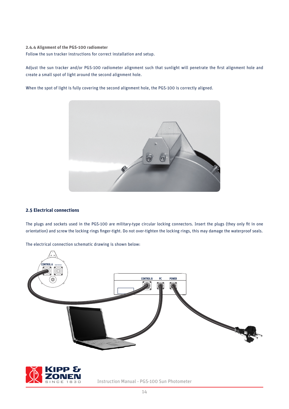 4 alignment of the pgs-100 radiometer, 5 electrical connections | Kipp&Zonen PGS-100 Sun Photometer User Manual | Page 14 / 40