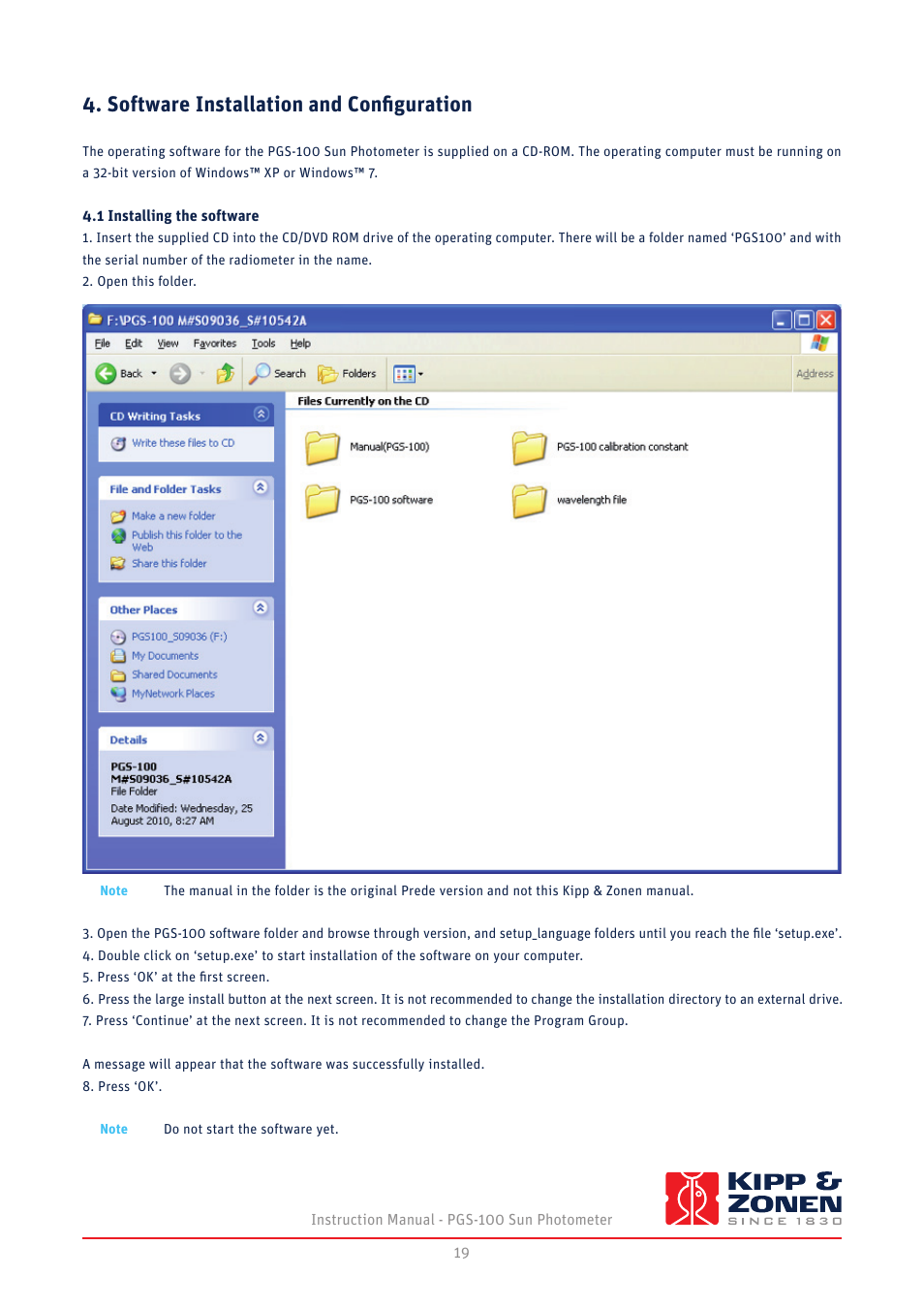 Software installation and configuration, 1 installing the software | Kipp&Zonen PGS-100 Sun Photometer User Manual | Page 19 / 40