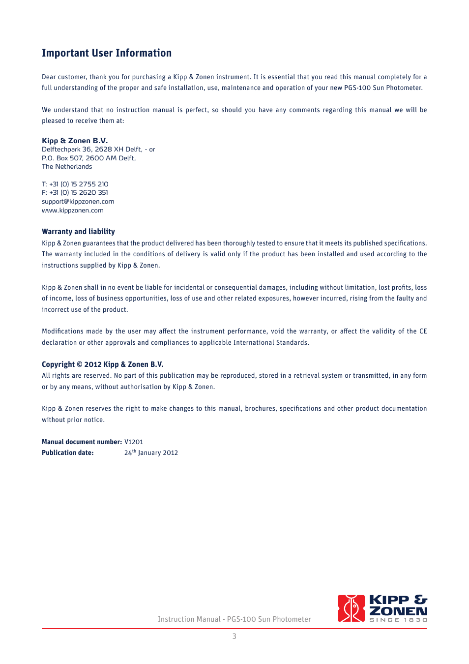 Important user information | Kipp&Zonen PGS-100 Sun Photometer User Manual | Page 3 / 40