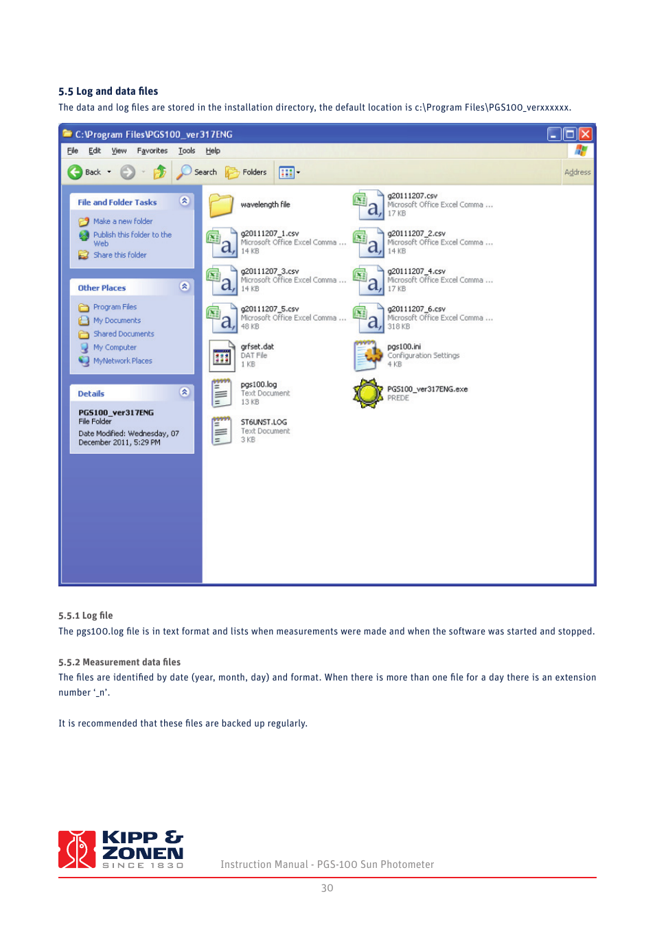 5 log and data files, 1 log file 5.5.2 measurement data files | Kipp&Zonen PGS-100 Sun Photometer User Manual | Page 30 / 40