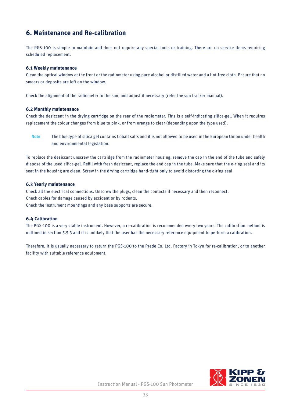 Maintenance and re-calibration | Kipp&Zonen PGS-100 Sun Photometer User Manual | Page 33 / 40