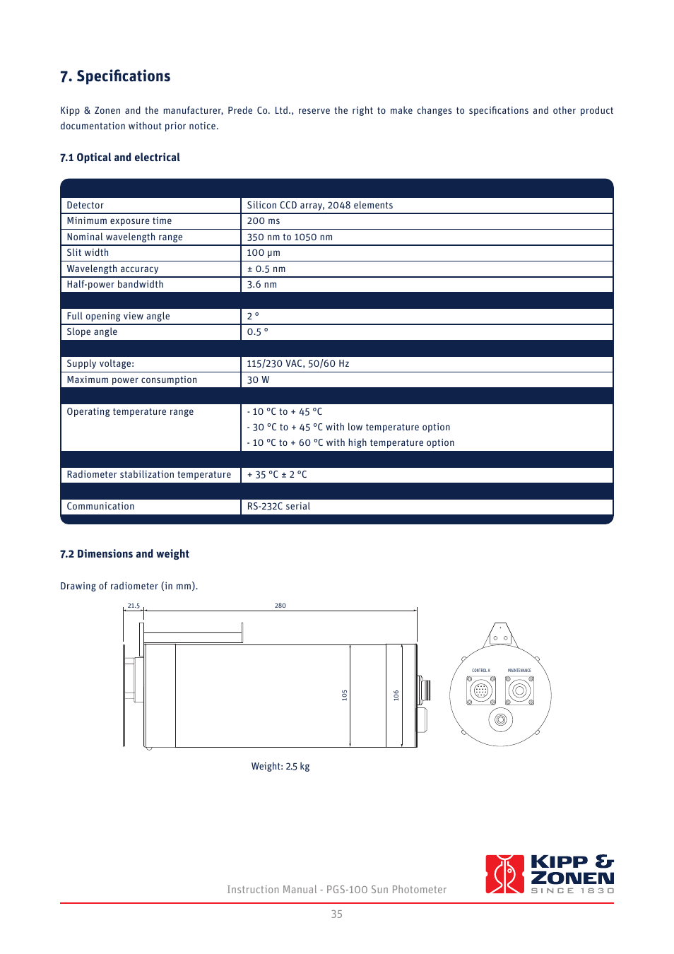 Specifications, 1 optical and electrical 7.2 dimensions and weight | Kipp&Zonen PGS-100 Sun Photometer User Manual | Page 35 / 40