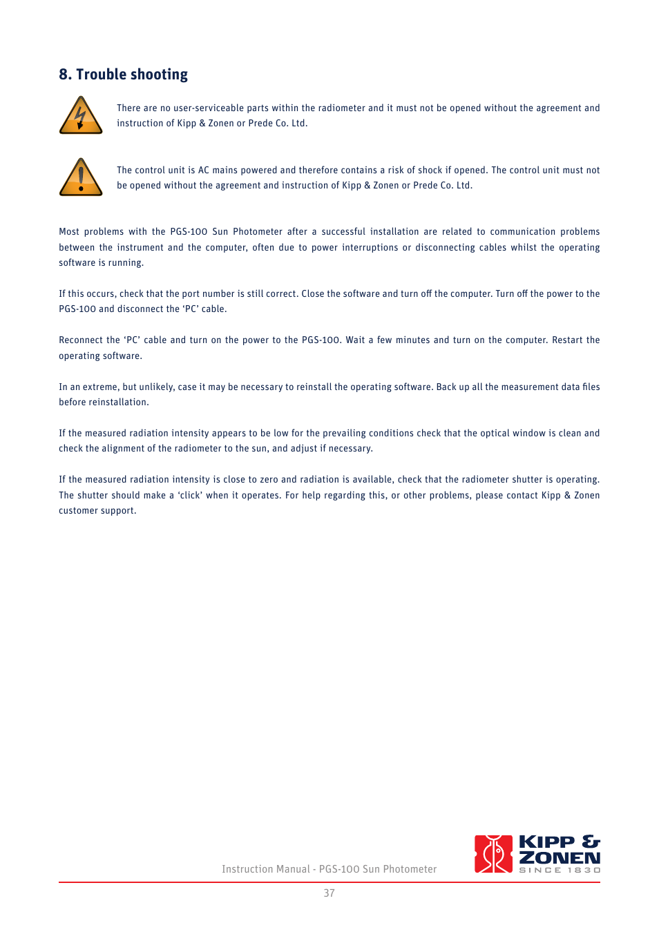 Trouble shooting | Kipp&Zonen PGS-100 Sun Photometer User Manual | Page 37 / 40