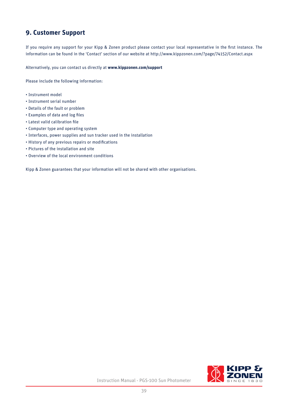 Customer support | Kipp&Zonen PGS-100 Sun Photometer User Manual | Page 39 / 40