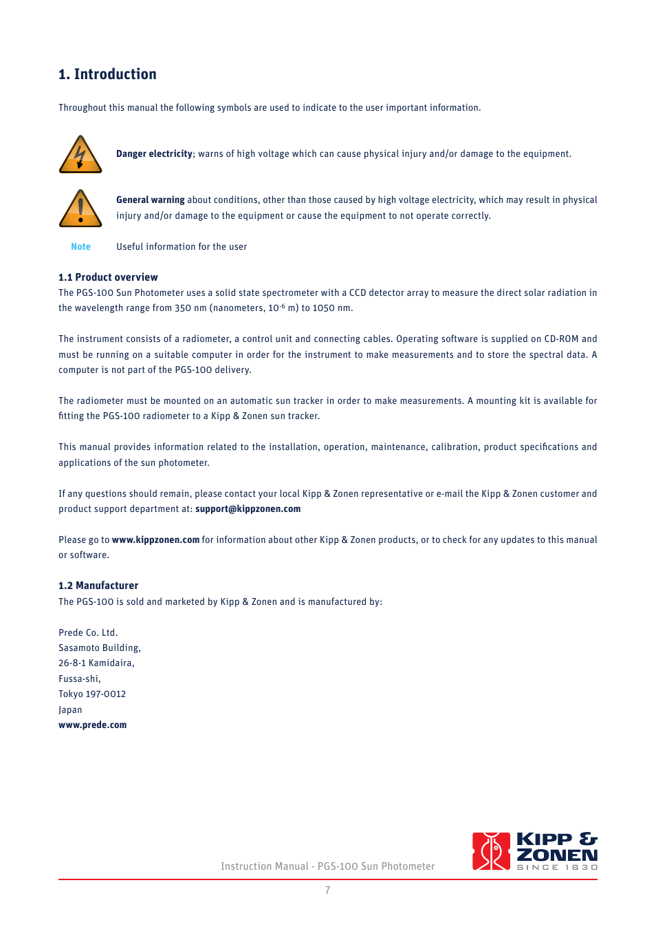 Introduction, Product overview, 2 manufacturer | Kipp&Zonen PGS-100 Sun Photometer User Manual | Page 7 / 40