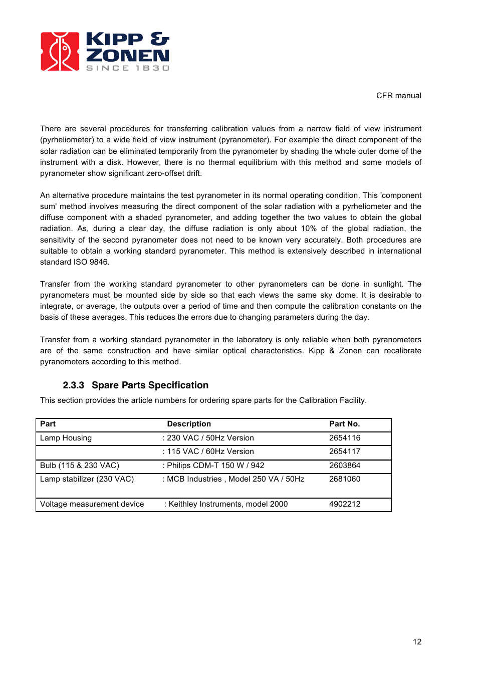 3 spare parts specification | Kipp&Zonen CFR Calibration Facility User Manual | Page 13 / 29