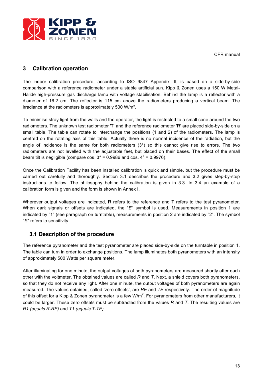 3 calibration operation, 1 description of the procedure | Kipp&Zonen CFR Calibration Facility User Manual | Page 14 / 29