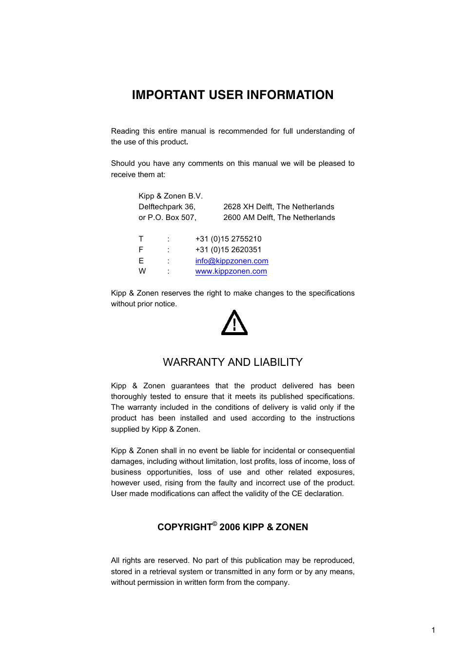 Important user information, Warranty and liability | Kipp&Zonen CFR Calibration Facility User Manual | Page 2 / 29