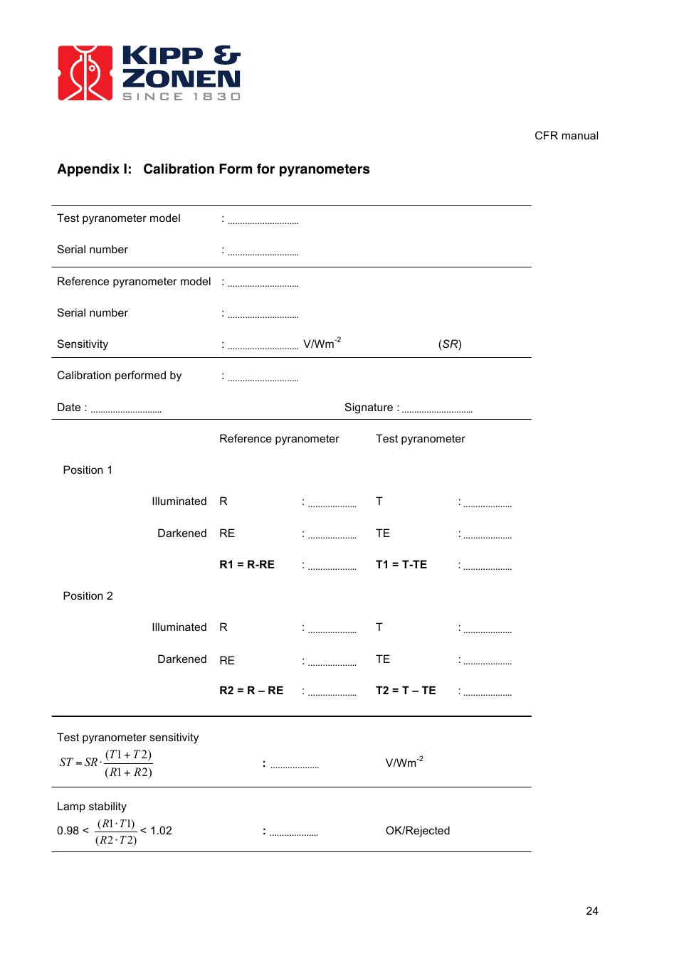 Appendix i: calibration form for pyranometers | Kipp&Zonen CFR Calibration Facility User Manual | Page 25 / 29