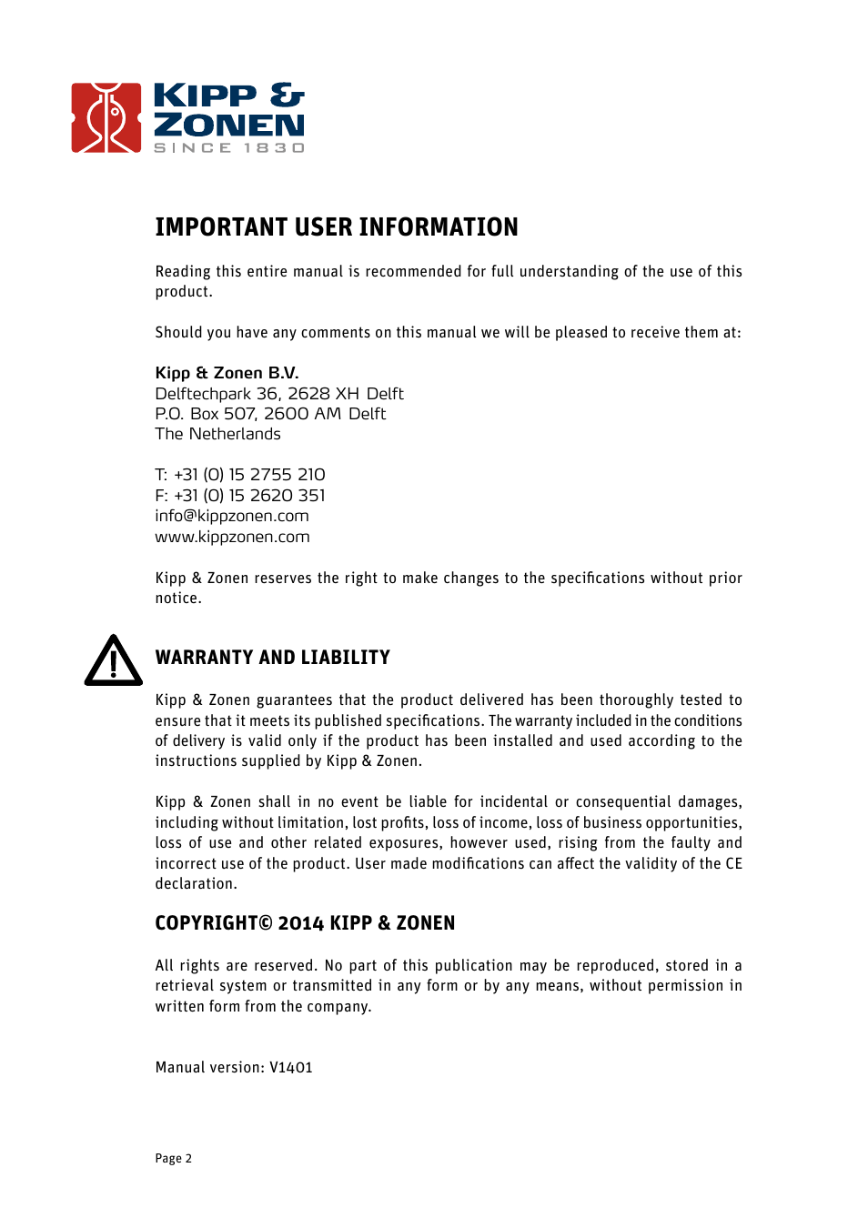 Important user information, Warranty and liability, Copyright© 2014 kipp & zonen | Kipp&Zonen CGR 4 Pyrgeometers User Manual | Page 2 / 35