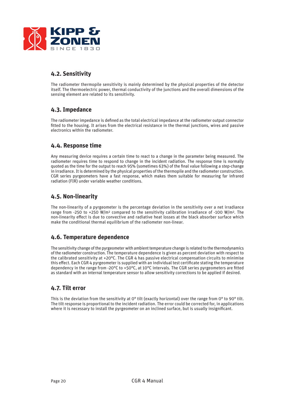 Sensitivity, Impedance, Response time | Non-linearity, Temperature dependence, Tilt error | Kipp&Zonen CGR 4 Pyrgeometers User Manual | Page 20 / 35