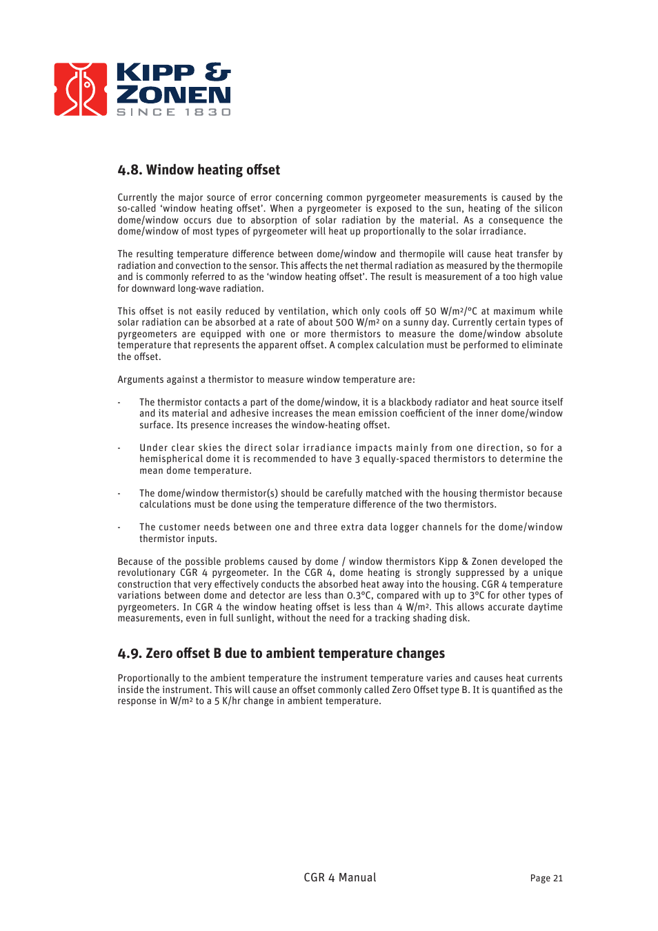 Window heating oﬀset, Zero oﬀset b due to ambient temperature changes | Kipp&Zonen CGR 4 Pyrgeometers User Manual | Page 21 / 35