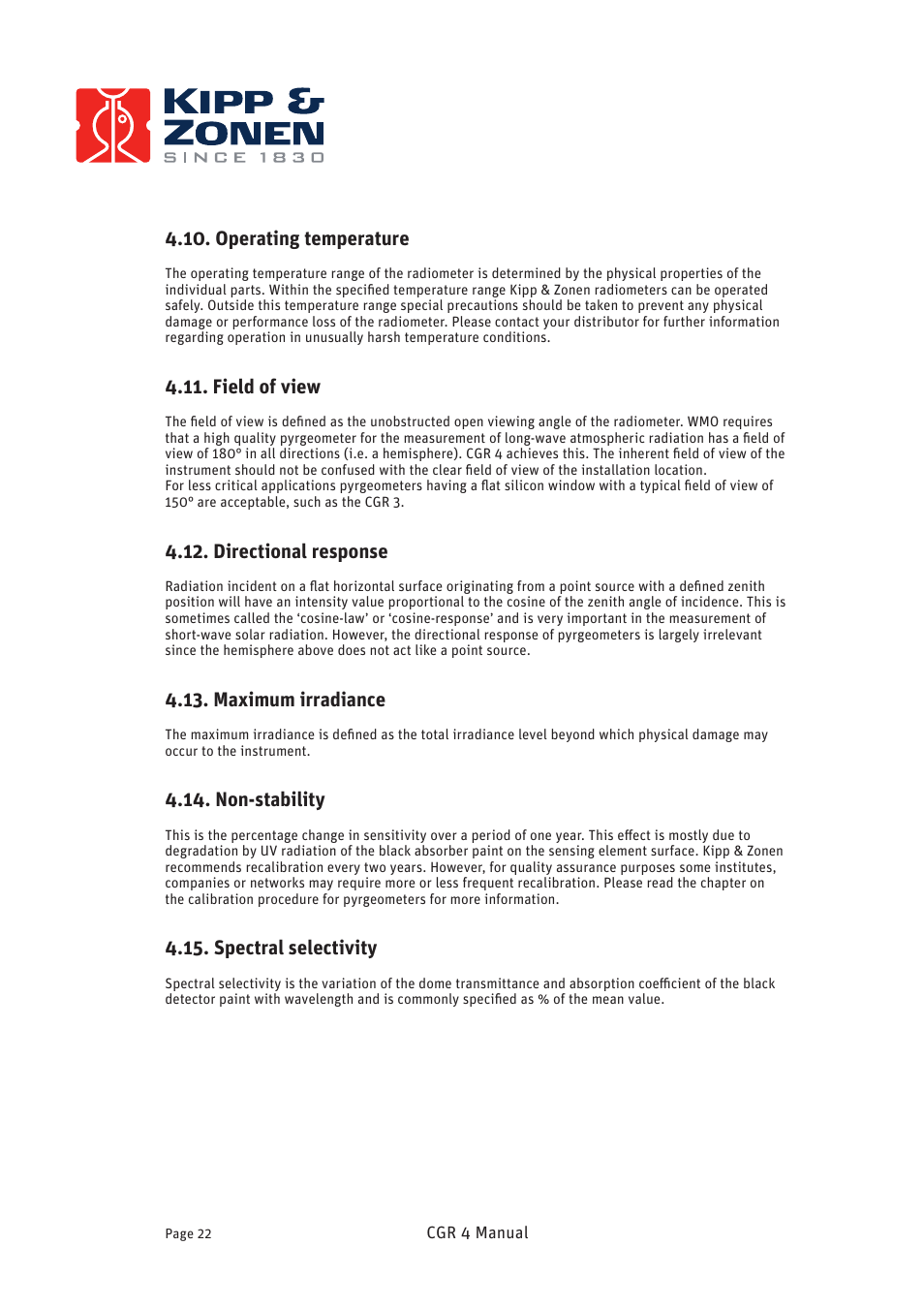 Operating temperature, Field of view, Directional response | Maximum irradiance, Non-stability, Spectral selectivity | Kipp&Zonen CGR 4 Pyrgeometers User Manual | Page 22 / 35