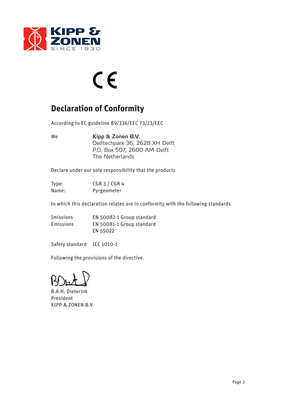 Declaration of conformity | Kipp&Zonen CGR 4 Pyrgeometers User Manual | Page 3 / 35