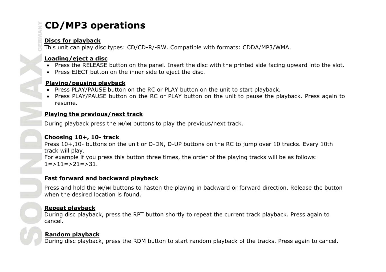 Cd/mp3 operations | SoundMax SM-CDM1036 User Manual | Page 10 / 41