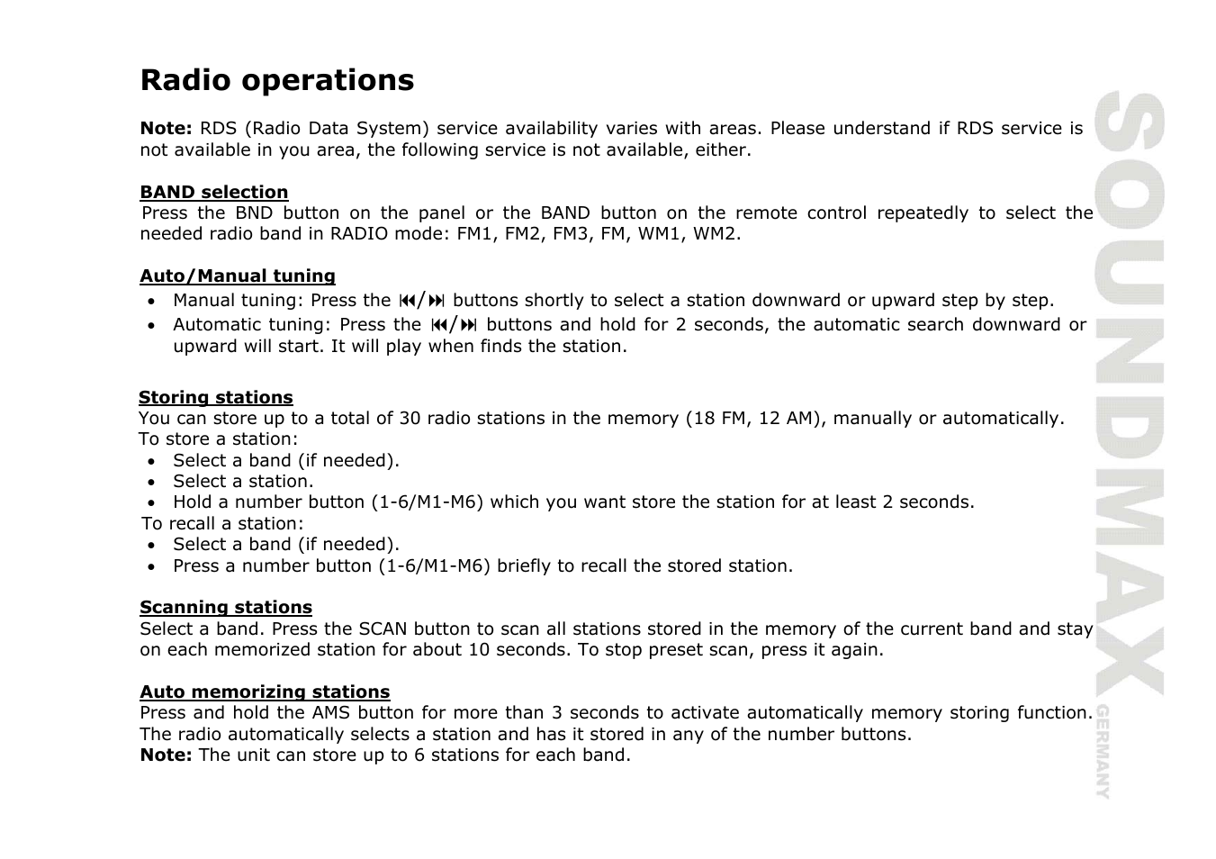 Radio operations | SoundMax SM-CDM1036 User Manual | Page 13 / 41