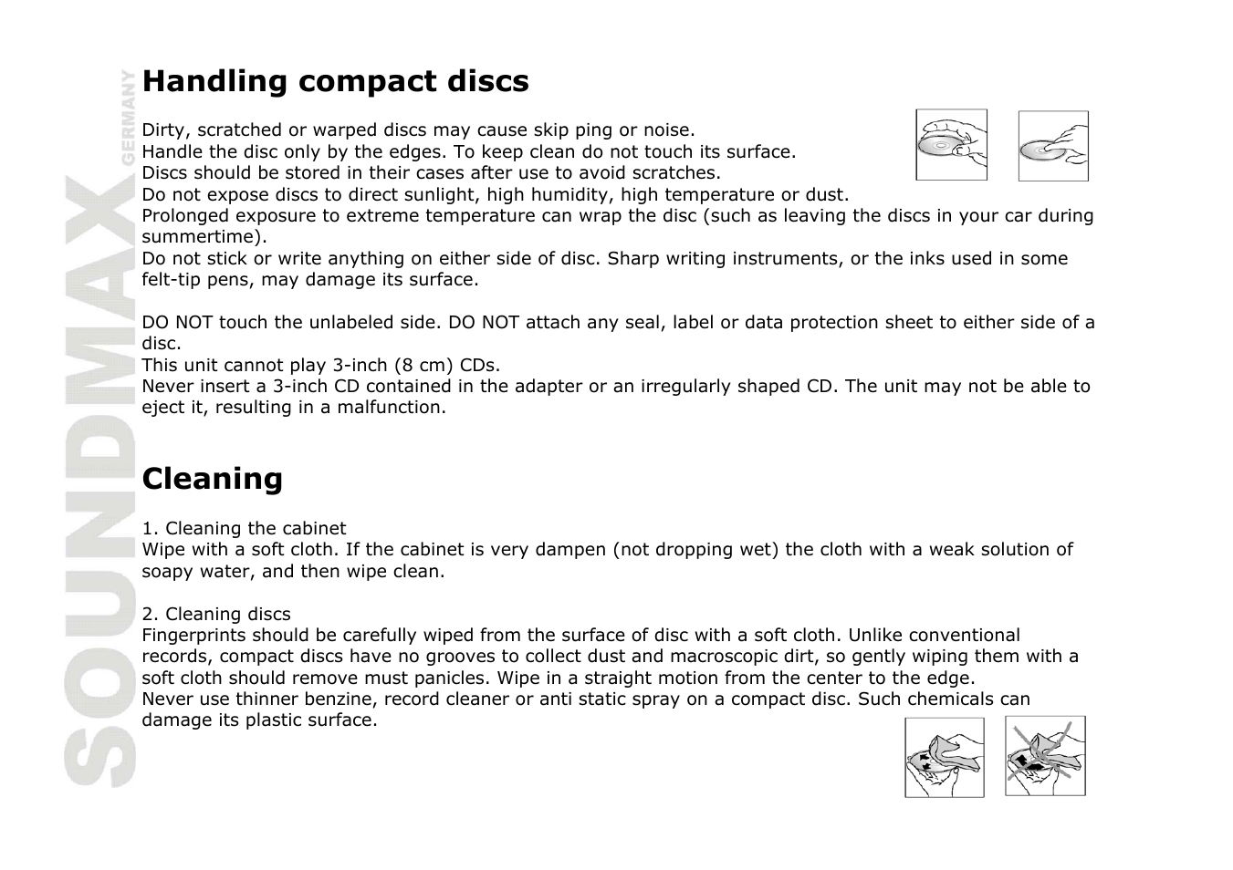 Handling compact discs, Cleaning | SoundMax SM-CDM1036 User Manual | Page 18 / 41