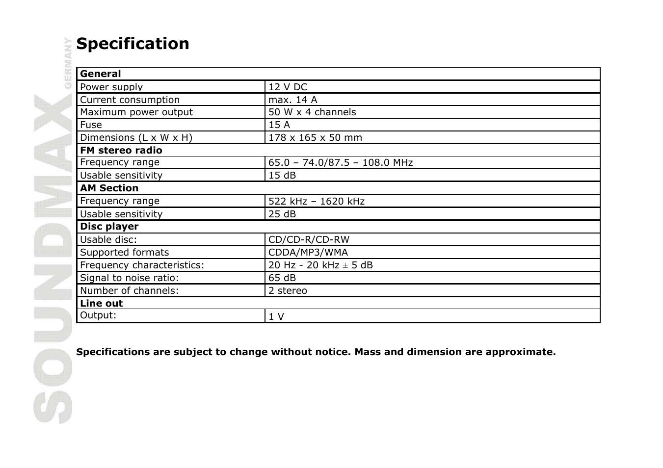 Specification | SoundMax SM-CDM1036 User Manual | Page 20 / 41