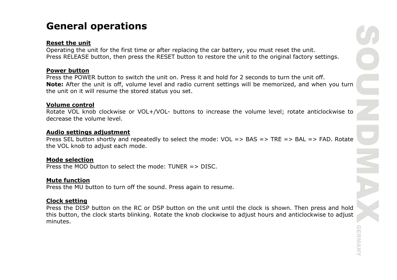 General operations | SoundMax SM-CDM1036 User Manual | Page 9 / 41
