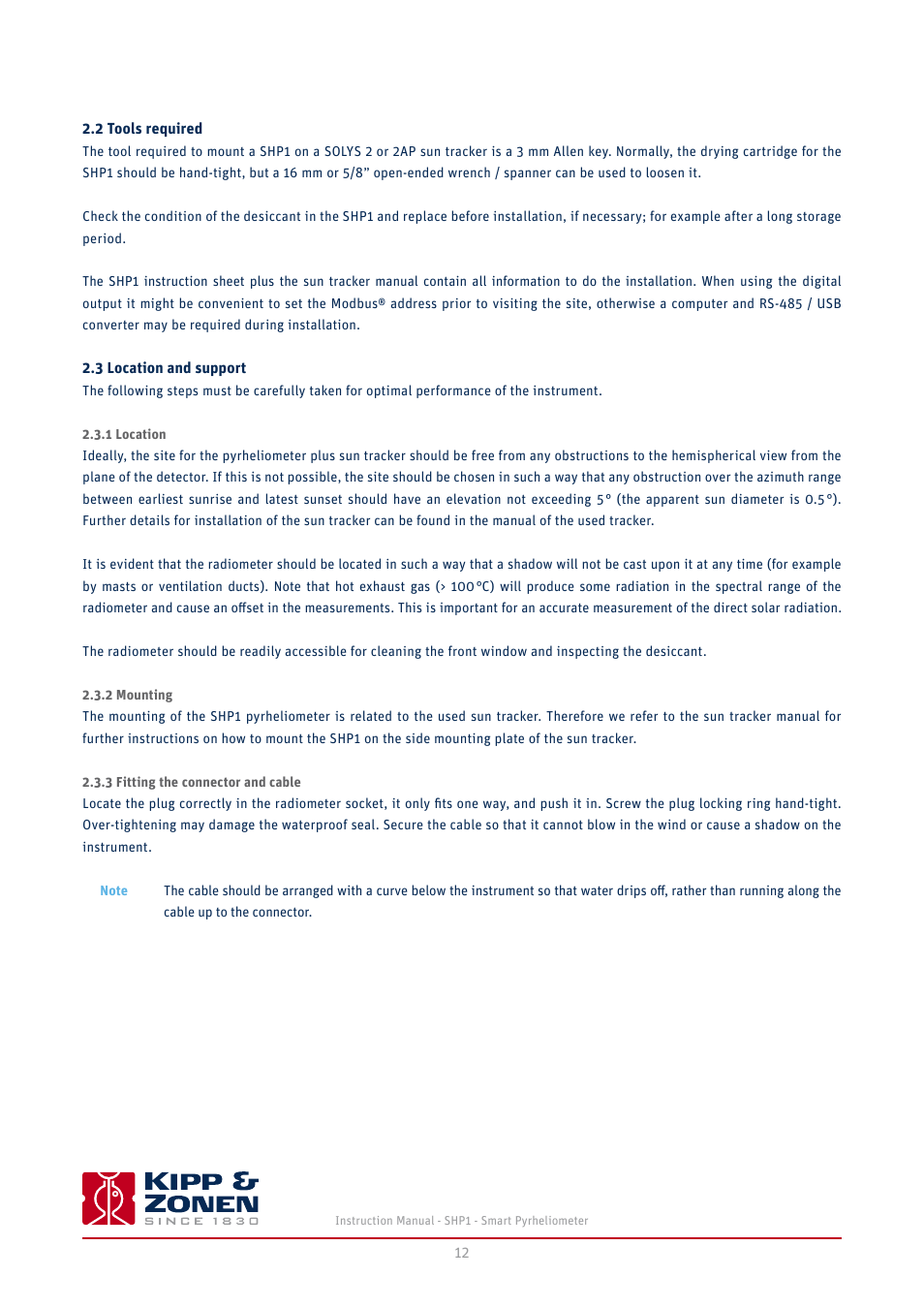 2 tools required, 3 location and support | Kipp&Zonen SHP1 Pyrheliometer User Manual | Page 12 / 50