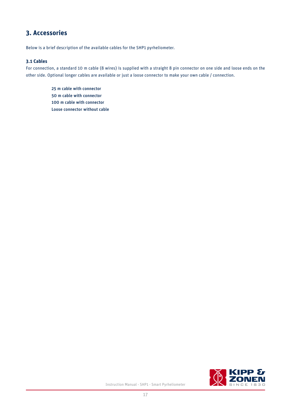 Accessories, 1 cables, 2installation | 3accessories, 4software installation and configuration, 5operation and measurement, 6maintenance and re-calibration | Kipp&Zonen SHP1 Pyrheliometer User Manual | Page 17 / 50