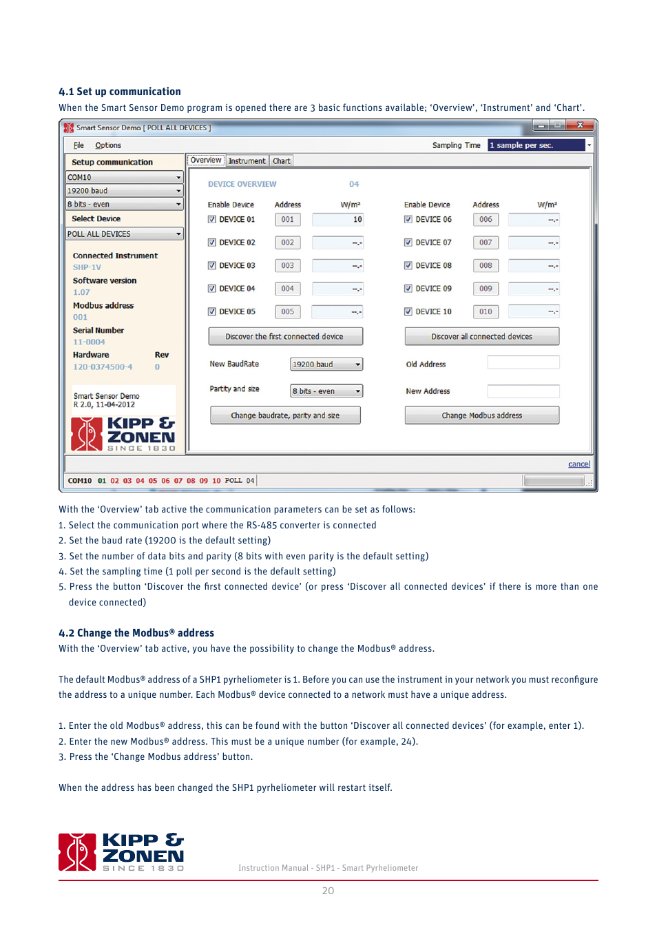 1 set up communication, 2 change the modbus® address | Kipp&Zonen SHP1 Pyrheliometer User Manual | Page 20 / 50