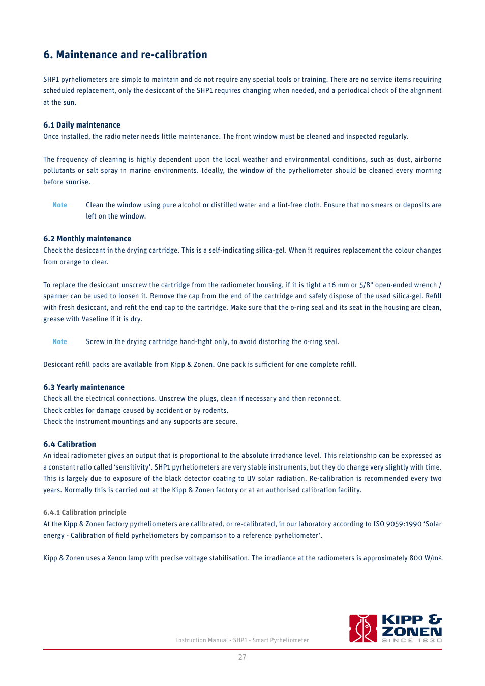 Maintenance and re-calibration, 1 daily maintenance, 2 monthly maintenance | 3 yearly maintenance, 4 calibration, 1 calibration principle | Kipp&Zonen SHP1 Pyrheliometer User Manual | Page 27 / 50