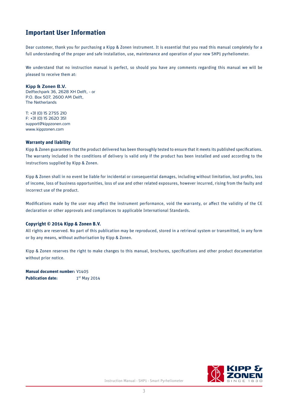 Important user information | Kipp&Zonen SHP1 Pyrheliometer User Manual | Page 3 / 50