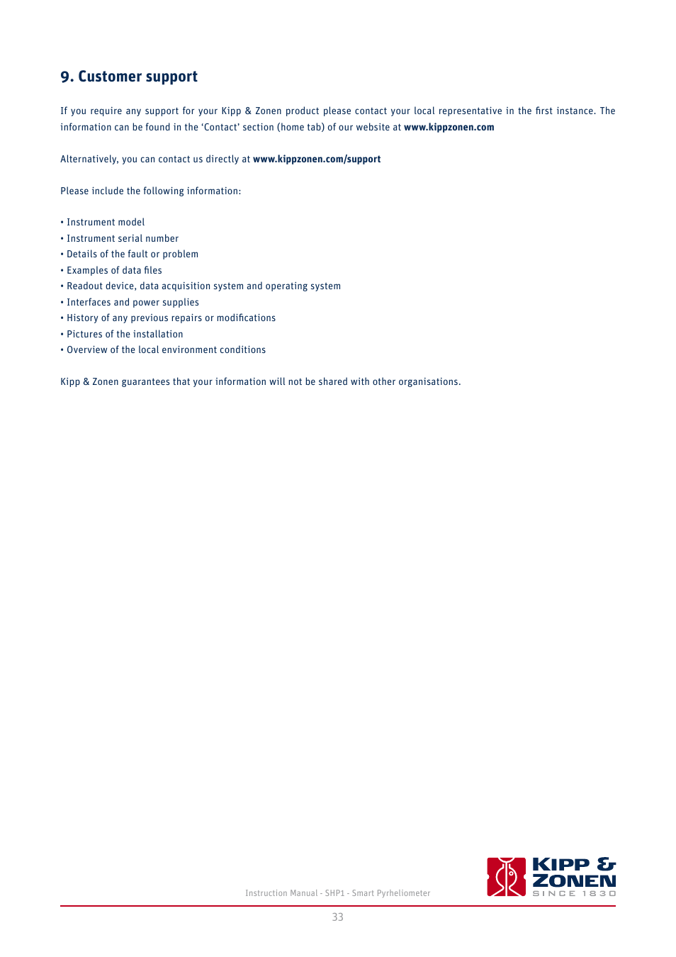 Customer support | Kipp&Zonen SHP1 Pyrheliometer User Manual | Page 33 / 50
